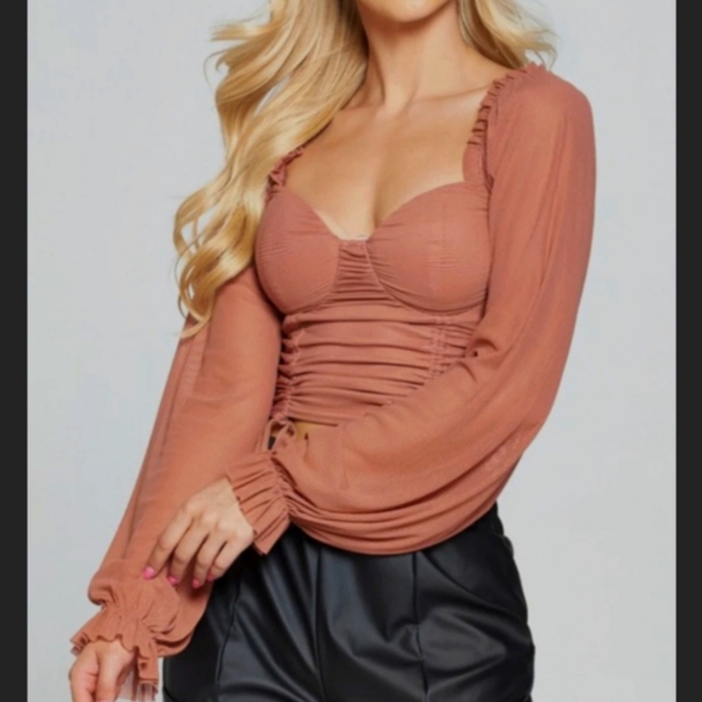 Fashion Nova Ruched Cropped Sheer Blouse Top